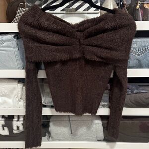 ASTR the Label Brown Fuzzy Off the Shoulder Sweater